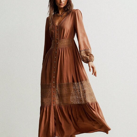 Boho Beauty Brown Casual Women's V Neck Lace Trimmed Maxi Dress - Picture 2 of 10